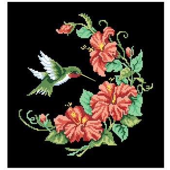 Hummingbird ir hibiscus kryželiu rinkinys Dreampattern 18ct 14ct 11ct juoda drobė siuvinėjimui 