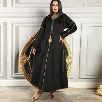 Dirbtinė Zomša Djellaba Maroko Caftan Moterų Žiemos Kaftan Arabų Gobtuvu Suknelės Musulmonų Dubai Saudo Arabijos Įlankos Abaja Šalies Vakaras