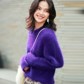 Rudenį naujų 2020 m. aksomo stiliaus apvalios kaklo megztinis prarasti temperamentas violetinė tingus džemperis moterims