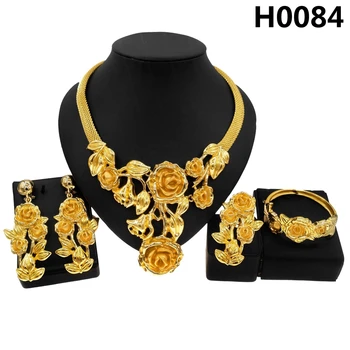 Karšto Parduoti Italijos Aukso Papuošalų Rinkinys Prabangių Rožių Gėlių Karoliai Pokylių Vestuves Auskarai H0084 Žiedas